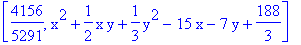 [4156/5291, x^2+1/2*x*y+1/3*y^2-15*x-7*y+188/3]
